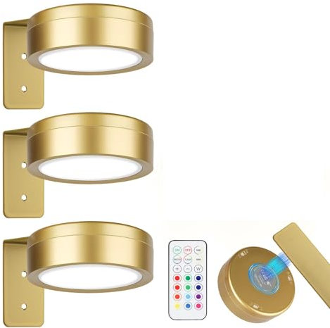 3 PCS Picture Lights for Wall - Remote Control 13 Colors LED Magnetic Wall Lights for Home Bedroom Living Room Photo, Wireless Art Battery Operated Picture Light, Poster Light (Golden, Need Battery)