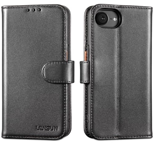 LENSUN iPhone 16E/iPhone 17E-fodral, mobiltelefonfodral i äkta läder, plånboksfodral med plånbok] [kortplatser] magnetisk stängning flip läderfodral - svart