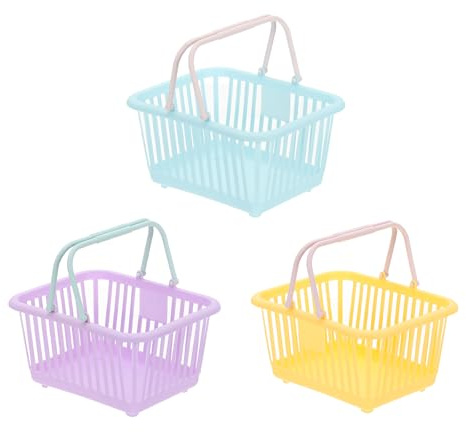 PATIKIL 3PCS Mini Cesta De Compras, Pequeña Cesta De Plástico Mini Cesta De Almacenamiento Pequeña Cesta De Compras Con Asas Organizador Agua Filtrada Para Organizar, Azul Morado Amarillo