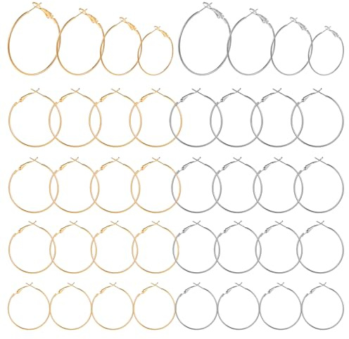 LIQWEI 32 stycken örhängen gör-det-själv-set, rostfritt stål örhänge råämnen ring örhängen hitta 20/25/30/40 mm kreolsk örhängeskrokar örhängen tillbehör för kvinnor flickor (guld, silver)