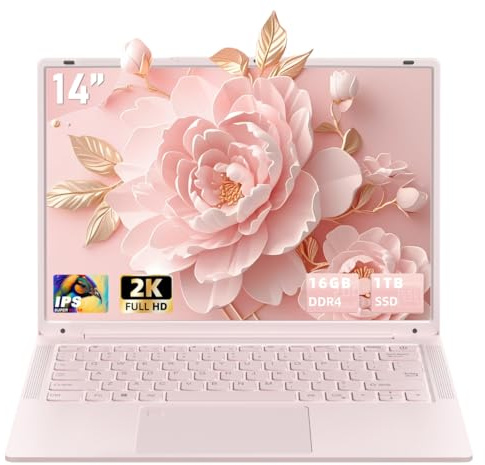 Nmybwo Laptop rosa de 14 pulgadas, 16 GB DDR4 RAM 1 TB SSD, 2K UHD (2160 x 1440) IPS Display Laptop, Celeron N150 CPU (hasta 3.6 Ghz) Win 11 PC portátil/WiFi 5, Type-C, cámara de 3 MP, 6000 mAh, BT5.0