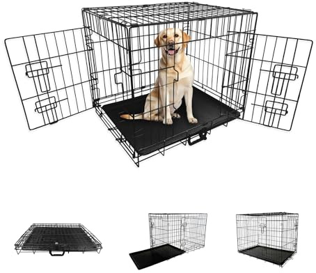 Straame Heavy-Duty Folding Dog Crate for XL Dogs, 107 × 68 × 75 cm (42″) Black Metal Cage with Front & Side Doors, Chew-Resistant, Removable Easy-Clean Plastic Tray & Carry Handle