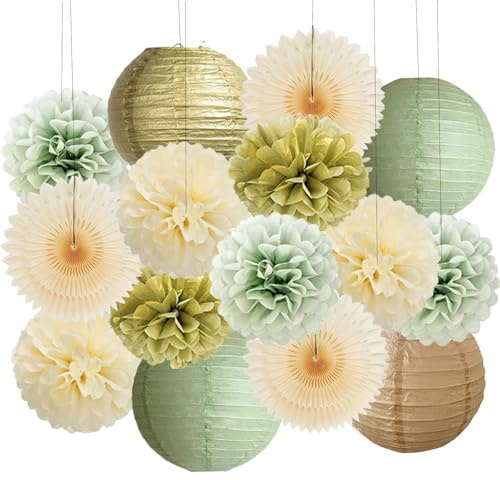 Party Deko Salbeigrün Gold Beige Papierfächer Seidenpapier Pompons Lampions