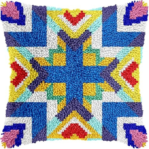 FFDONGTEGO Diy Kit Cuscino Con Gancio Di Chiusura,Motivi di piastrelle colorate,Latch Hook Kit Cuscino,Fatto A Mano All'Uncinetto Ricamo,Regalo,Natale,43x43cm