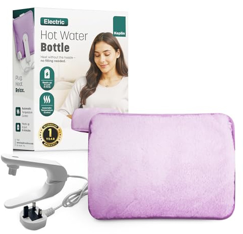KEPLIN Rechargeable Electric Hot Water Bottle Soft & Cosy Bed, Hand & Body Warmer - Fast Heating, Auto-Shut Off Function, Over-Heat Protection & No Refill Heat Pad - 1 Year Warranty (Lilac)
