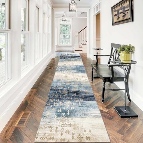 Whnoorher Passatoie per corridoio Extra Lunghe - Tappeto Moderno Blu Lavabile Stretto, Morbidi tappeti a Pelo Corto con Supporto in Gomma Antiscivolo per Cucina, corridoio, Scale(60×250cm)