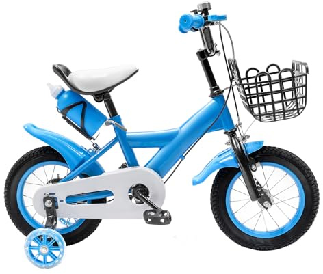GXSFLG 12 Zoll Kinderfahrrad, mit Stützrädern Korb, für Jungen & Mädchen ab 2-4 Jahre, Höhenverstellbarer Sitz Lenker, 40kg Tragkraft, Robustes Carbonstahl-Rahmen, Blau