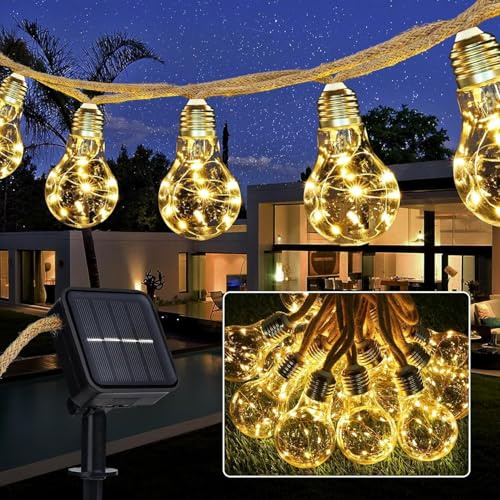 Joomer Luces Solares LED Exterior Jardin, 7,5M 16 Edison Bombillas Guirnaldas Luces Exterior Solar Impermeable, 8 Modos Luz Solar Cuerda de Cáñamo Vintage para Fiesta Pabellón Balcón, Blancas Cálidas