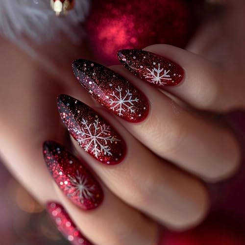 Christmas Press on Nails Almond - Red Christmas Nails with Snowflake Design - Glossy Gradient Medium Length False Nails with Glue - Acrylic Stick on nails for Women Girls New Year Party