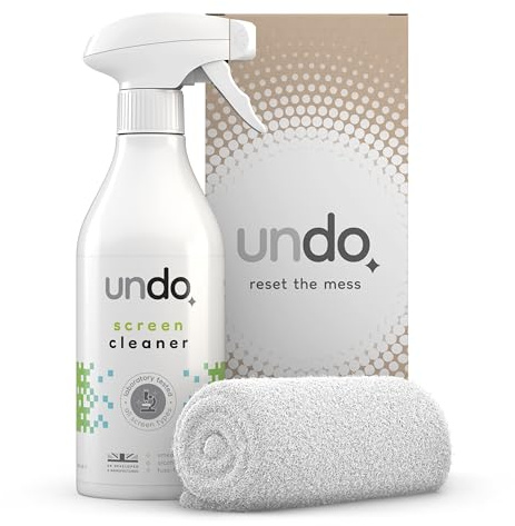 UNDO Spray Limpiador de Pantallas Undo (500 ml) con paño de Microfibra |Kit de Limpieza de Pantallas para teléfonos, Ordenadores, monitores y televisores |Elimina Manchas, Grasa y Huellas Dactilares.