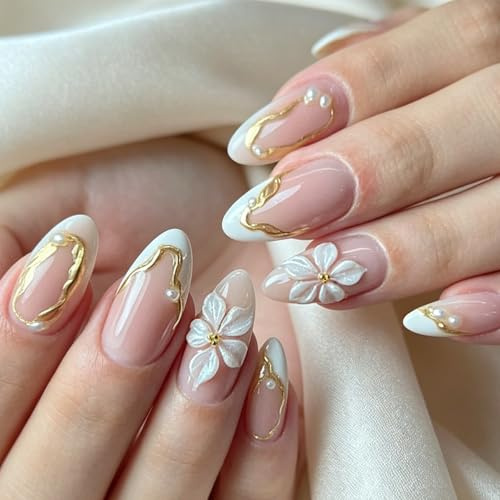 Mandel Press On Nails French Tip - 24 Stück Nude Künstliche Nägel zum Aufkleben, Fingernägel mit Gold Muster, 3D Blüten, Perlen Design - Natürlich Glänzende Full Cover Fake Nagel Für Frauen Nails