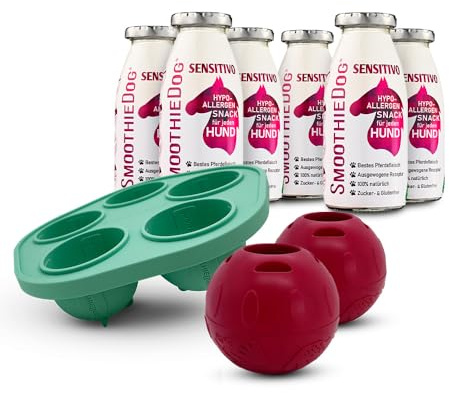 SmoothieDog Schleckball-Set + 1 Schleckball Hundesmoothie 6er Sensitivo (250ml) - Schleckball für Hunde, Snackball, für mehrere Hunde, zur Beschäftigung, bpa frei, robust, befüllbar, Pferd