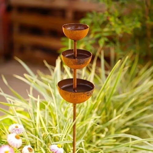 Rain Catchers For Garden | 3-tiered Vintage Rust Patina Rain Catcher Garden Ornament | Metal Flower Gardening Stakes Bird Bath | Water Fountain Bowls For Hummingbird | Bird Bee Watering Station Cup