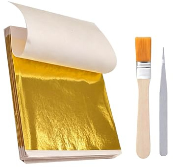 100 Sheets Gold Leaf Kit,Gold Leaf Sheets Gold Foil for Cakes | Premium Gold Foil Sheets Gold Leaf Kit with Brush & Tweezer for Gilding Crafts Furniture Decor and Handicraft DIY Projects
