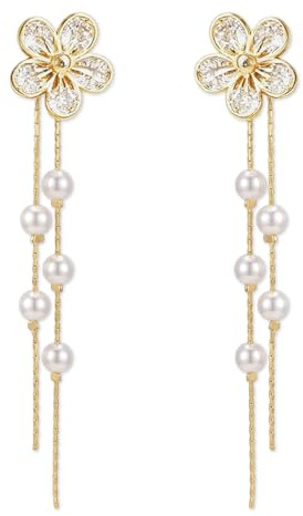 Blumen Lange Perlen Ohrringe 1 Paar Hängende Ohrringe Gold mit Perlen Perlenanhänger Ohrring Weiße Perlenohrringe für Hochzeit, Party, Geburtstag, Geschenk