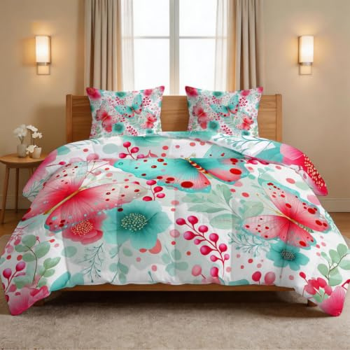 Generiskt täcke 135 x 200 cm 4 årstider – akvarell landsbygden sommar täcke, tvättbar barnfilt utan överdrag – djur fjäril blommor – barnsängkläder med 2 örngott