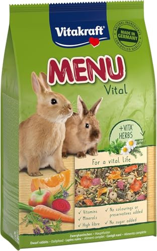 Vitakraft Menu Vital, Zwergkaninchen Futter, mit Luzerne, mit Apfel, mit Kürbis, angereichert mit Kräutern, ohne Zusatz von Zucker (1x 3kg)