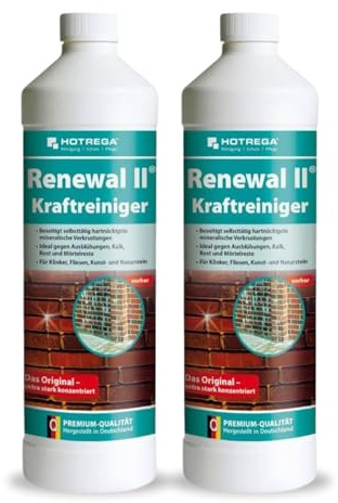 HOTREGA Renewal II Kraftreiniger 2x 1L | Zementschleierentferner Konzentrat | Löst Kalk, Rost, Mörtelreste | Für säurefeste Fliesen, Natur- & Kunststein | Profi-Intensivreiniger für 200m² Fläche