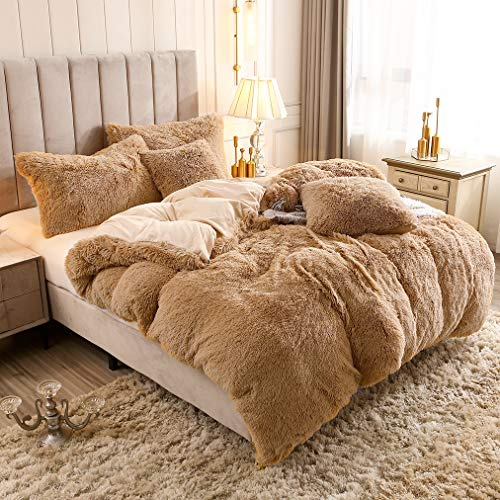 Uhamho Luxury Fluffy 1PC Solid Duvet Cover Faux Fur Plush Shaggy Quilt Cover Velvet Bedspread Zipper Closure, No Pillow Sham, No Comforter (Camel, Queen)