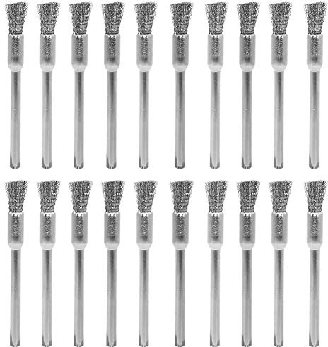20 pcs Steel Cleaning End Brushes Pen 1/5″(5mm) x 1/8″(3mm) Wire Brush Rust Paint Removal Bits Polishing Rotary Tools