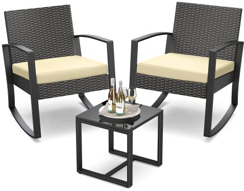 Qsun 3 Pieces Porch Furniture Set Patio Rocking Bistro Set Outdoor Patio Chairs Rattan Conversation Sets with Coffee Table for Front Porch Garden Balcony Backyard Poolside (Beige Cushion)