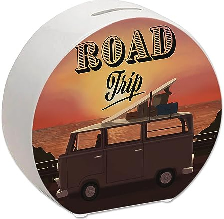 Spardose für einen Road Trip mit Retro Campingbus und Sonnenuntergang als Motiv als Geschenk für Freunde die zusammen einen Roadtrip ans Meer zum Surfen mit einem Campingbus