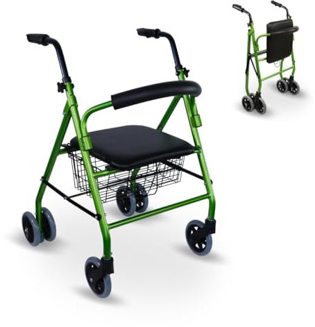 Mobiclinic®, Rollator faltbar und leicht, Prado, Aluminium, Europäische marke, Druckbremsen, Laufhilfe senioren, Gehwagen, Mit sitz 4 rädern, Grün
