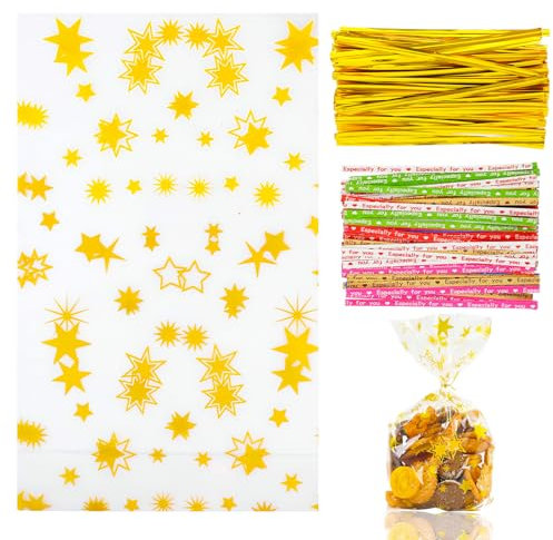100 Weihnachten Cellophantüten,Sterne Gold Zellophantüten Kekstüten 23.5X14.5 cm Plätzchentüten Weihnachten Klein,Geschenktüten SüßIgkeiten Zellophantüten 100 Twist Krawatten+100 BunteTwist Krawatten
