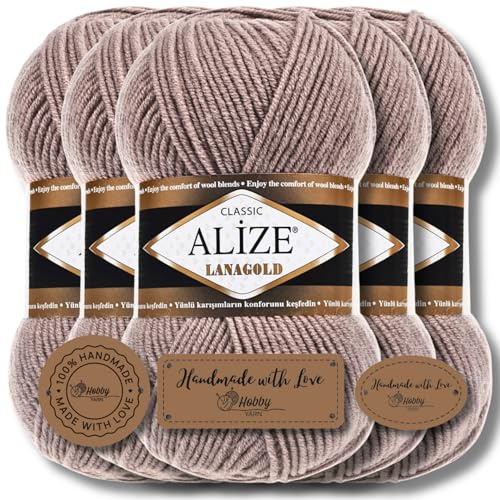 Hobby YARN 3x Etikettenlabel mit Alize Lanagold Wolle Premium 5x100g als Set, Yarn, Garn, Strickgarn, Einfarbig, Baby, zum Häkeln, Stricken, Kleidung, Schals (Milky Brown - 584)