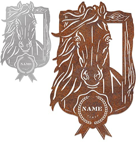 Cosch Edelstahl Boxenschild für Pferde - Personalisiertes Edelstahl/Edelrost Pferdekopf Schild- Namensschild für Pferde - Stalltafel Pferd für Pferdeliebhaber