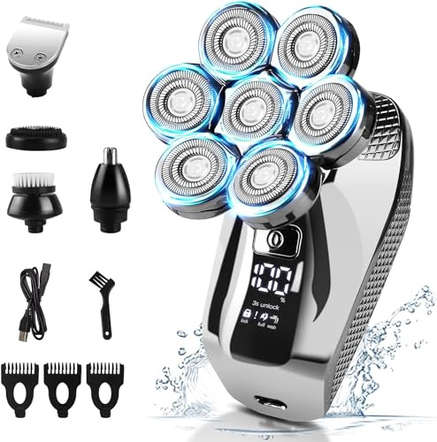 Rasoir électrique étanche IPX6 pour homme – Kit de toilettage rotatif sans fil rechargeable humide et sec avec tondeuse à barbe, tondeuse à nez (7D)
