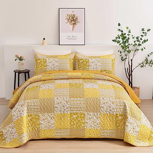 Mybedsoul Parure de lit 3 pièces avec Courtepointe bohème pour Grand lit, Couvre-lit réversible à Motif Floral pour l'été, Motif Patchwork Jaune, 228,6 x 243,8 cm
