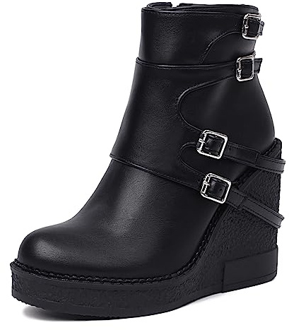 Bviennic Mujer Punta Redonda Moda Tacón De Cuña Plataforma Botines Hebilla Strappy Casual Chelsea Riding Botines High Low Top Negro-Pu Talla 39 EU-40Cn