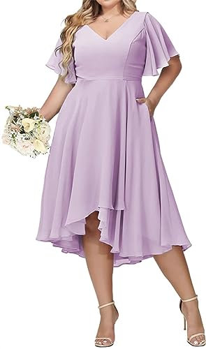 Vestidos de dama de honor para mujer, talla grande, con mangas, cuello en V, vestidos formales de noche, vestido corto de gasa para invitados de boda, Lila, 60