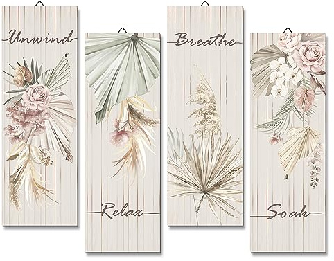 decalmile 4 Pièces Panneau en Bois Feuilles Palmier Tropicale Tenture Murale Plantes Fleurs Tableau Mural Boho Bois Décoration Murale Chambre Salon Salle de Bain