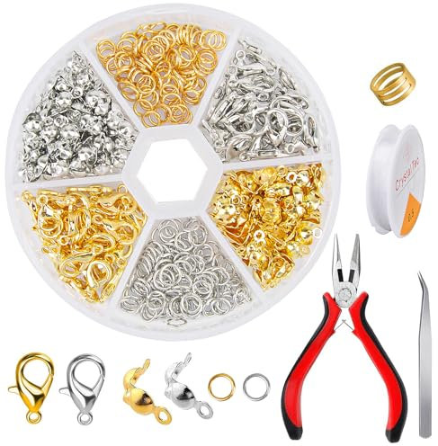 OdiuK Kettenverschluss, 464 Stück Verschlüsse für Armbänder Set, 2 Farben Armband Verschluss Enthalten Biegeringe Karabiner Verschluss Crimpenden und Werkzeugen für DIY Handwerk Schmuckarmband