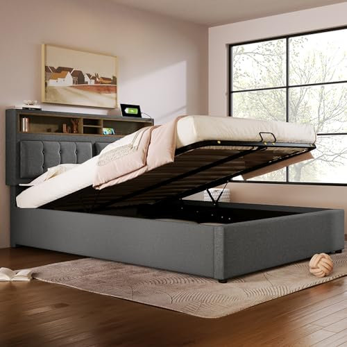 Merax Polsterbett 160x200cm mit USB C Steckdose, Hydraulisches Doppelbett mit Lattenrost & Verstellbares Stauraum Kopfteil, Funktionsbett, Bettgestell mit Bettkasten, Leinen, Ohne Matratze, Grau