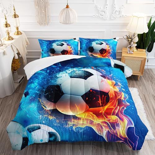 AILONEN Soccer Bedding Set Soccer Ball Print Comforter Set, Twin Size Ice and Flame Sport Boys Soccer Comforter Set,Football Bed in a Bag 3 Pieces, 1 Quilt and 2 Pillowcases