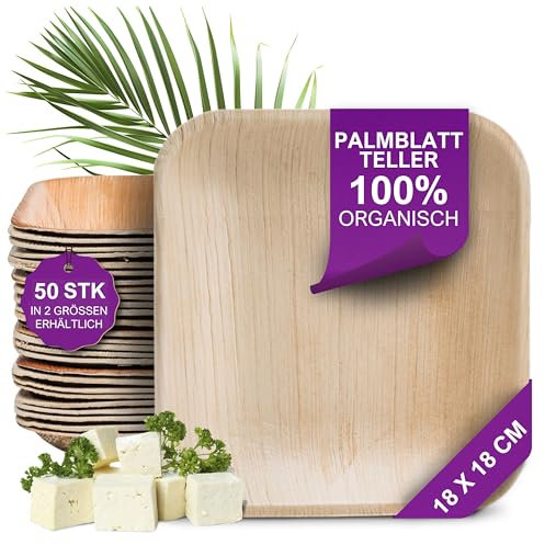 Waipur Piatti in Foglia di Palma Ecologici - 50 Pz Quadrati 18x18 cm - Stoviglie Monouso Biodegradabili Eleganti - Leggeri e Resistenti - Naturali e Compostabili - Simile al Bambu