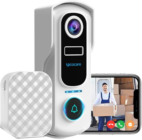 UCOCARE Video Doorbell Camera Wireless with Chime, 2K WiFi Camera Doorbell with Motion Detection, Night Vision, 2-way Talk, Video Call, Instant Notifiction, Support TF/Cloud Storage