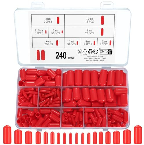 240 Pcs Rubber End Caps, PVC Rubber Screw Thread Protectors, PVC Plastic Bolt Covers Bolt Caps End Caps, Round Tube Bolt Cap Covers Assortment Kit, 9 Sizes/Red