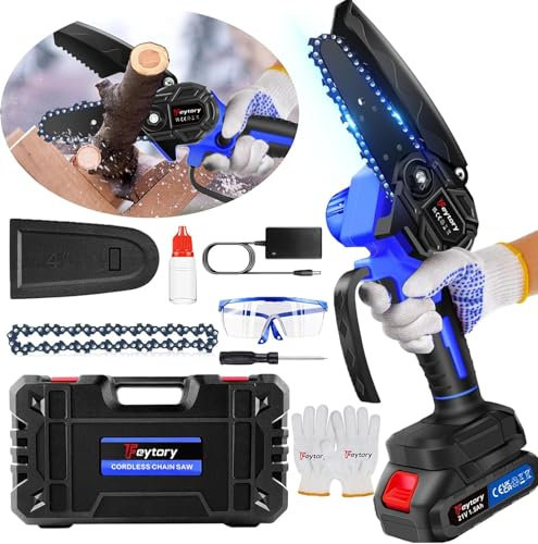 Huini Mini Chainsaw Cordless 4 Inch with Large LI-ion Battery, Powerful Electric Chainsaw with 2 Chains and Security Lock,Handheld Small Chain Saw for Wood Cutting Tree Trimming Gardening,Blue