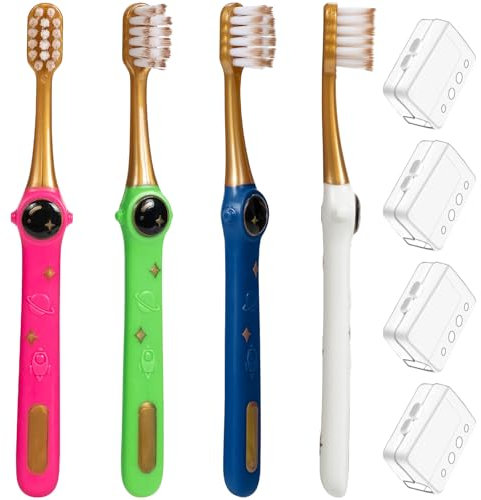 PRASBURR Toddler Toothbrush, Kids Toothbrush, Galactic Adventures Style, Toddler Age 2-4 and Up, Soft Bristles with Caps, Pack of 4