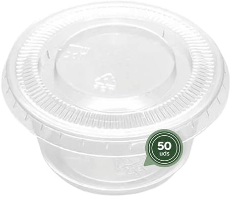 MAXI PRODUCTS - 50 Salseras Transparentes con Tapa Transparente - Botes de Plástico Reutilizables con Tapa para Salsas - Tarrinas Transparentes 60 cc - Envases para Salsas - EXTRA RESISTENTES