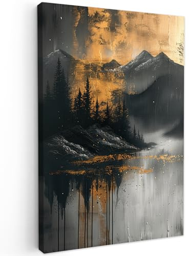 MuchoWow© Wandbilder Groß XXL Schlafzimmer Home Deko Wohnung Bild | 80x120 cm - Wohnzimmer Fotoleinwand Wand Bilder Leinwand Wall Decor Modern - Wald - Gold - Schwarz - Natur