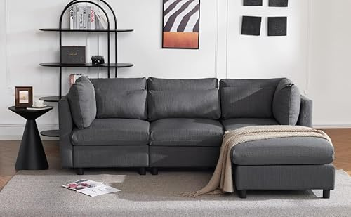MSMOK Modernes Design weiches Polstermöbelsofa, Dreisitzer, Wohnzimmer, L-förmiges Ecksofa mit Hocker (grau)