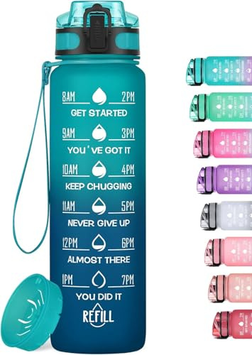 HydroPal Borraccia 1 Litro, Borraccia Bambina con Palestra Motivazionale, 1l Borraccia Personalizzata con Orari per Bere, senza BPA, Borracce a Prova Di Perdite per Palestra (Gradiente blu)