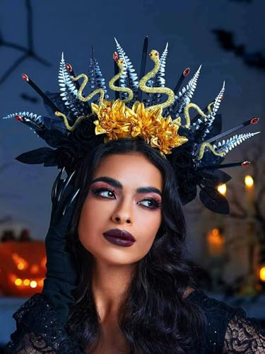IYOU Halloween Halo Stirnband Schwarz Blume Haarbänder Pailletten Schlange Blatt Kopfschmuck Krone Gothic Festival Cosplay Haarschmuck für Damen