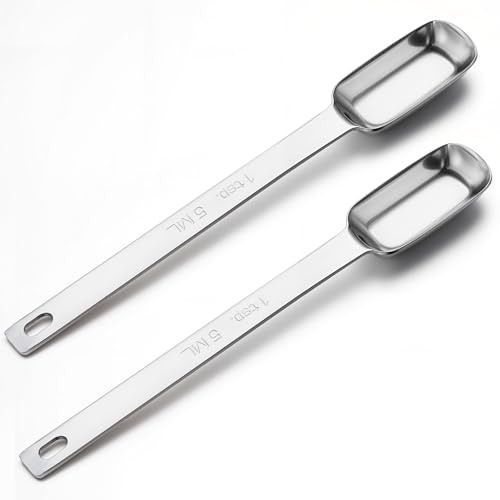 Tyqour 2PCS Teaspoons Measuring Spoon(5 Ml | 1/6 Oz | 1 Tsp | 1/3 Tbsp | 5 Cc) 5 Gram Scoop, Stainless Steel Long Handle Measuring Spoons, Matcha Spoon 5g Scoop for Creatine for Cooking & Baking