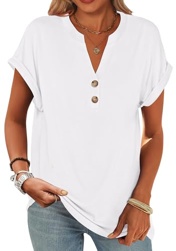 ANRABESS Womens Short Sleeve Henley Tops V Neck Dressy Casual Blouses Summer Trendy Tee Shirts 2026 Vacation Fashion Clothes White L